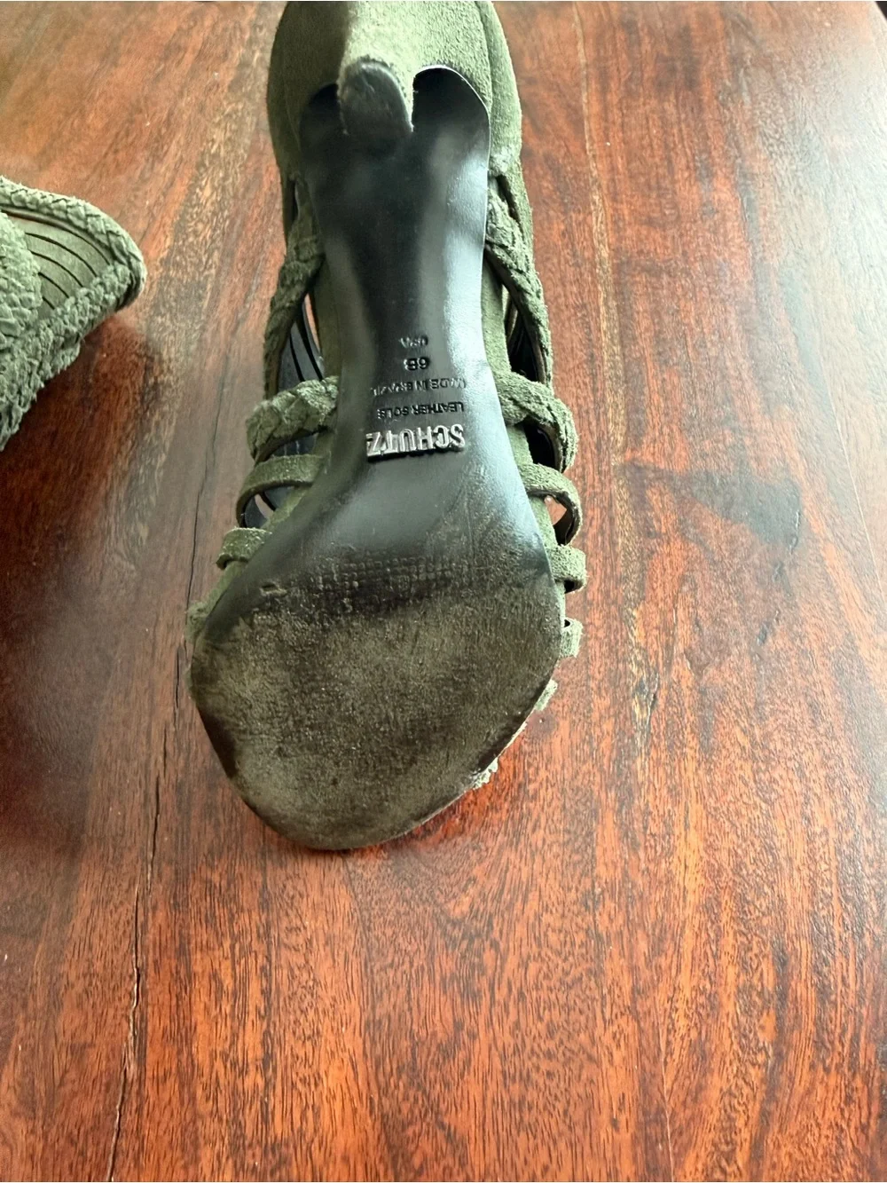 Schutz Olive Green Braided Strappy High Heel Sandals